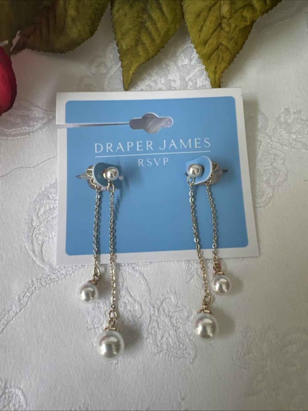 NEW DRAPER JAMES RSVP DOUBLE CHAIN DANGLE PEARL EARRINGS 2.25" FEMININE PREPPY